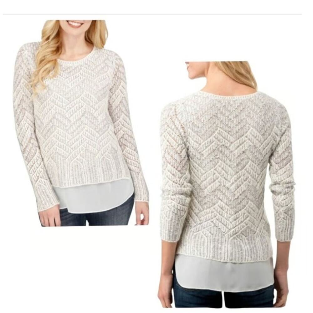 Lucky Brand Small Gray White Chevron Sweater Sheer Hem Knit Top